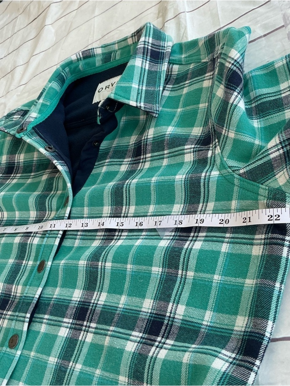 Orvis Women’s Fleece Lined Flannel Shirt lGreen Plaid Snap Button Pockets Size L - Picture 11 of 11